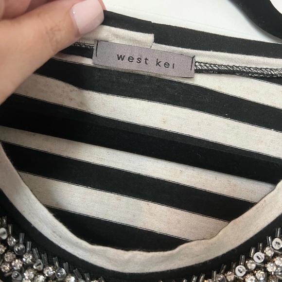 Cream and Black Striped, Short sleeve top, with jeweled collar, Size L - Picture 4 of 5